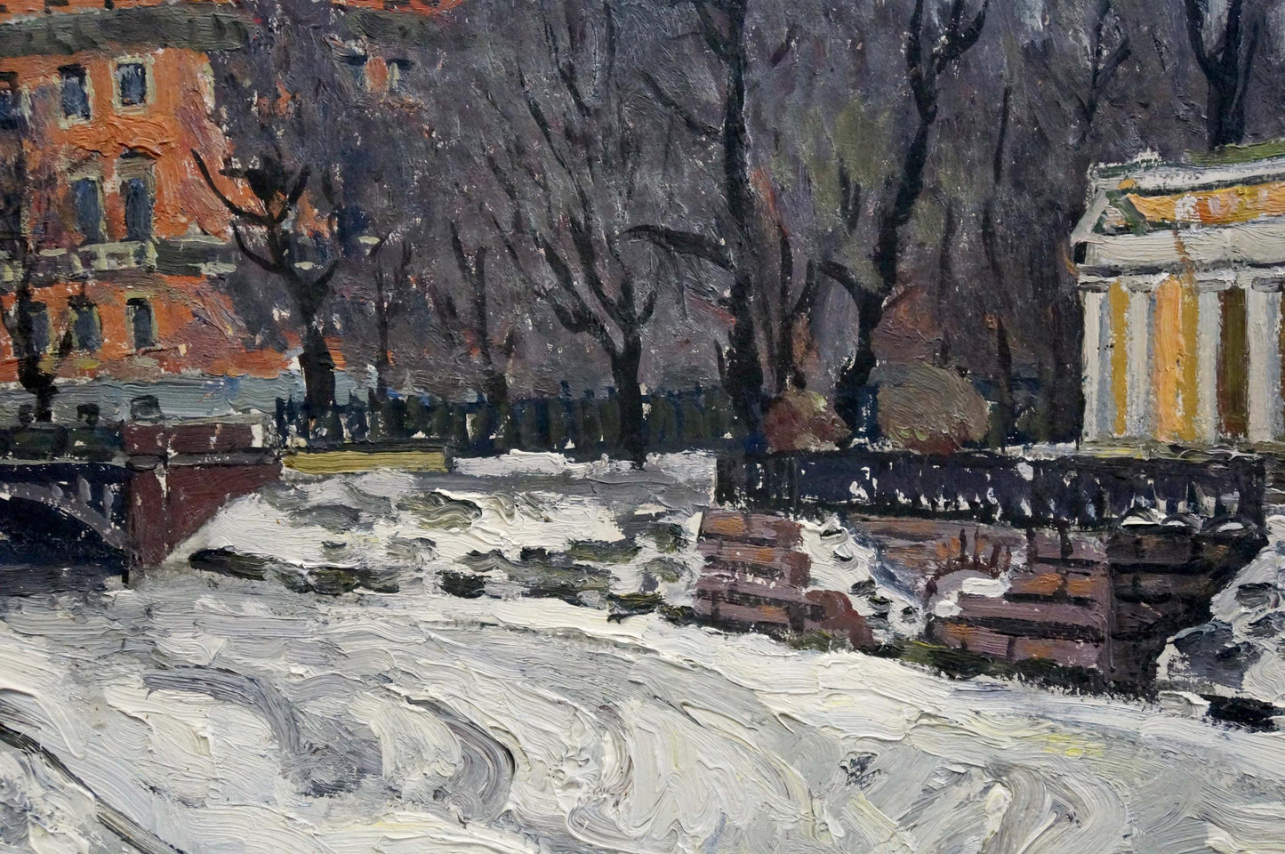 Oil painting by Yuri Fedorovich Karpov: Snowy river under bridge in Spring L.
