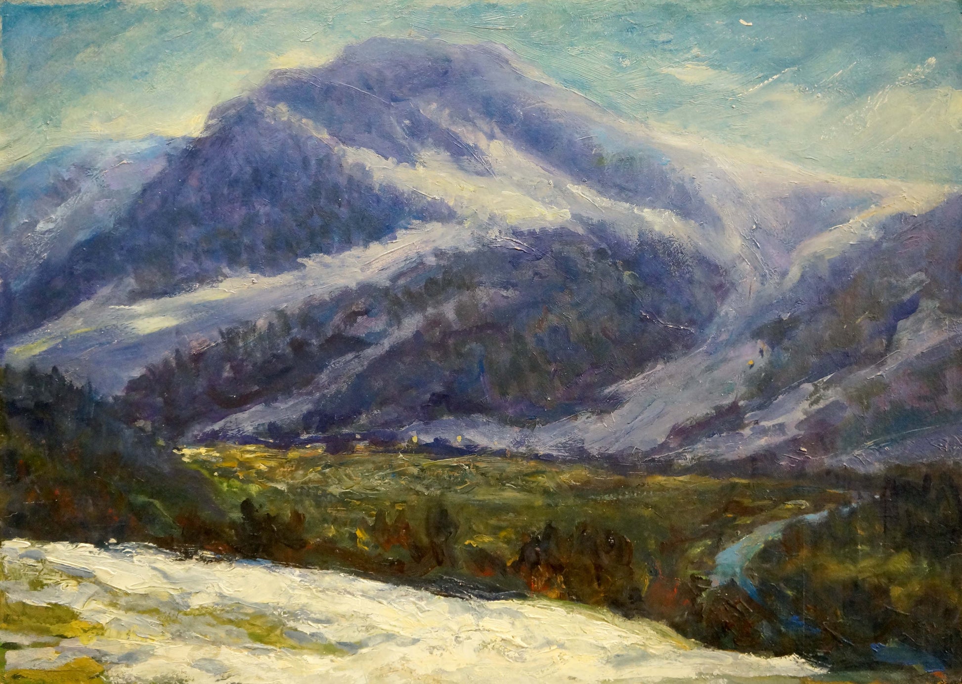 Oil painting of serene mountain landscape by Shakhriy A. A