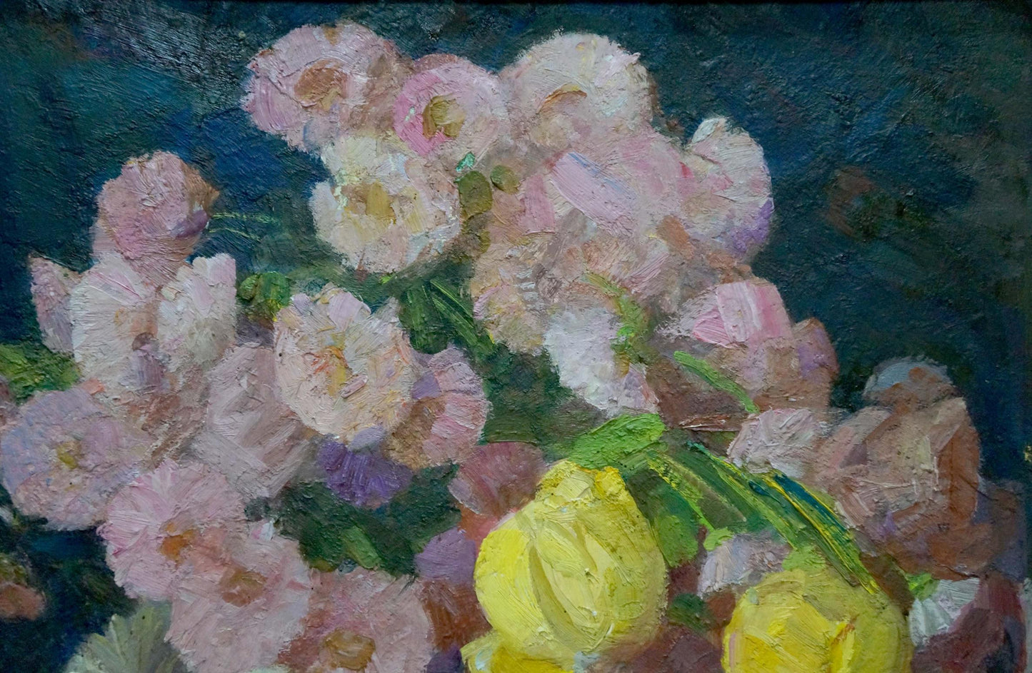 Oil painting of pink roses, yellow lemons, green leaves by Kondratyuk Vasily Ivanovich
