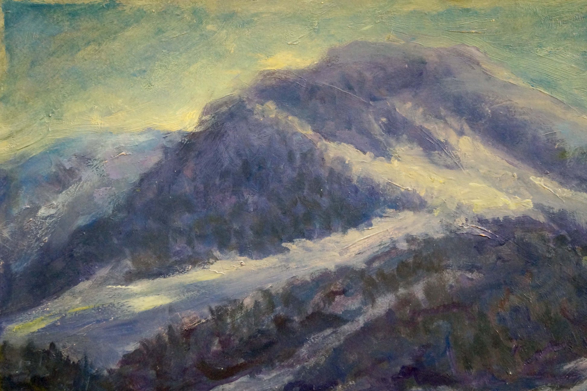Oil painting of purple-blue mountain range by Shakhriy A. A