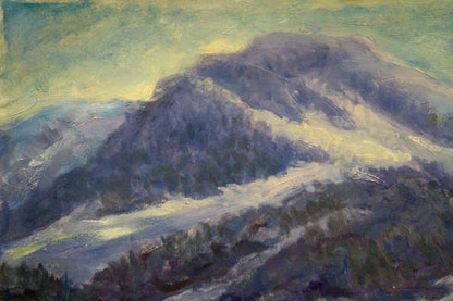 Oil painting of purple-blue mountain range by Shakhriy A. A