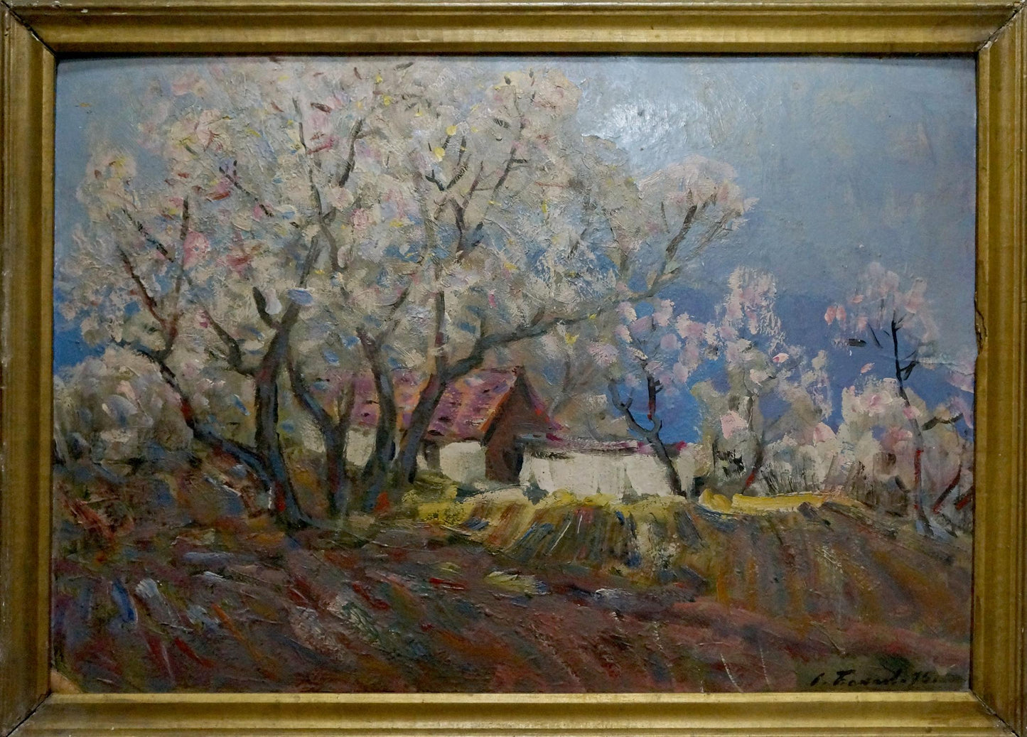 Oil painting Evening by Bakaev Sergey Ivanovich rustic cottage blossoms