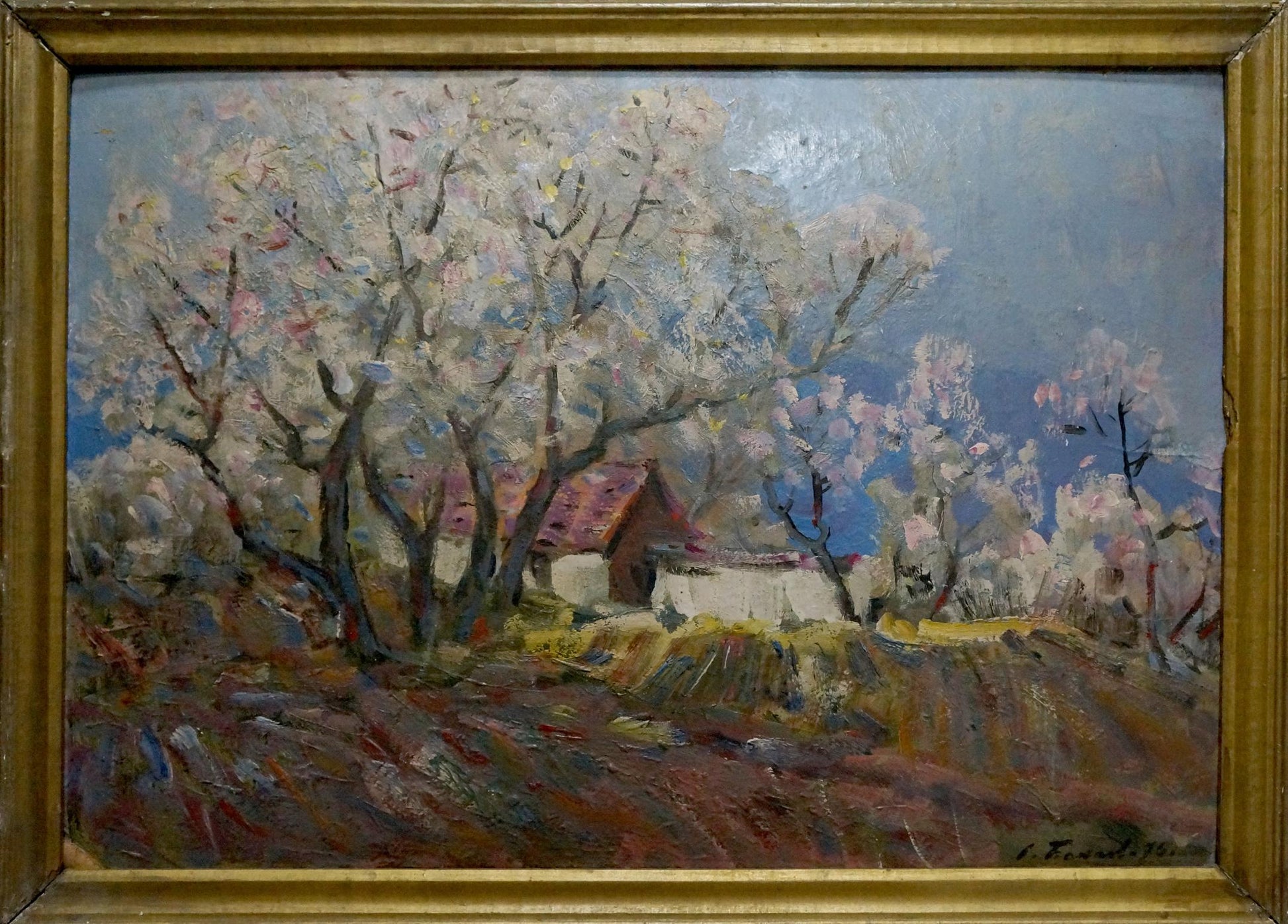 Oil painting Evening by Bakaev Sergey Ivanovich rustic cottage blossoms