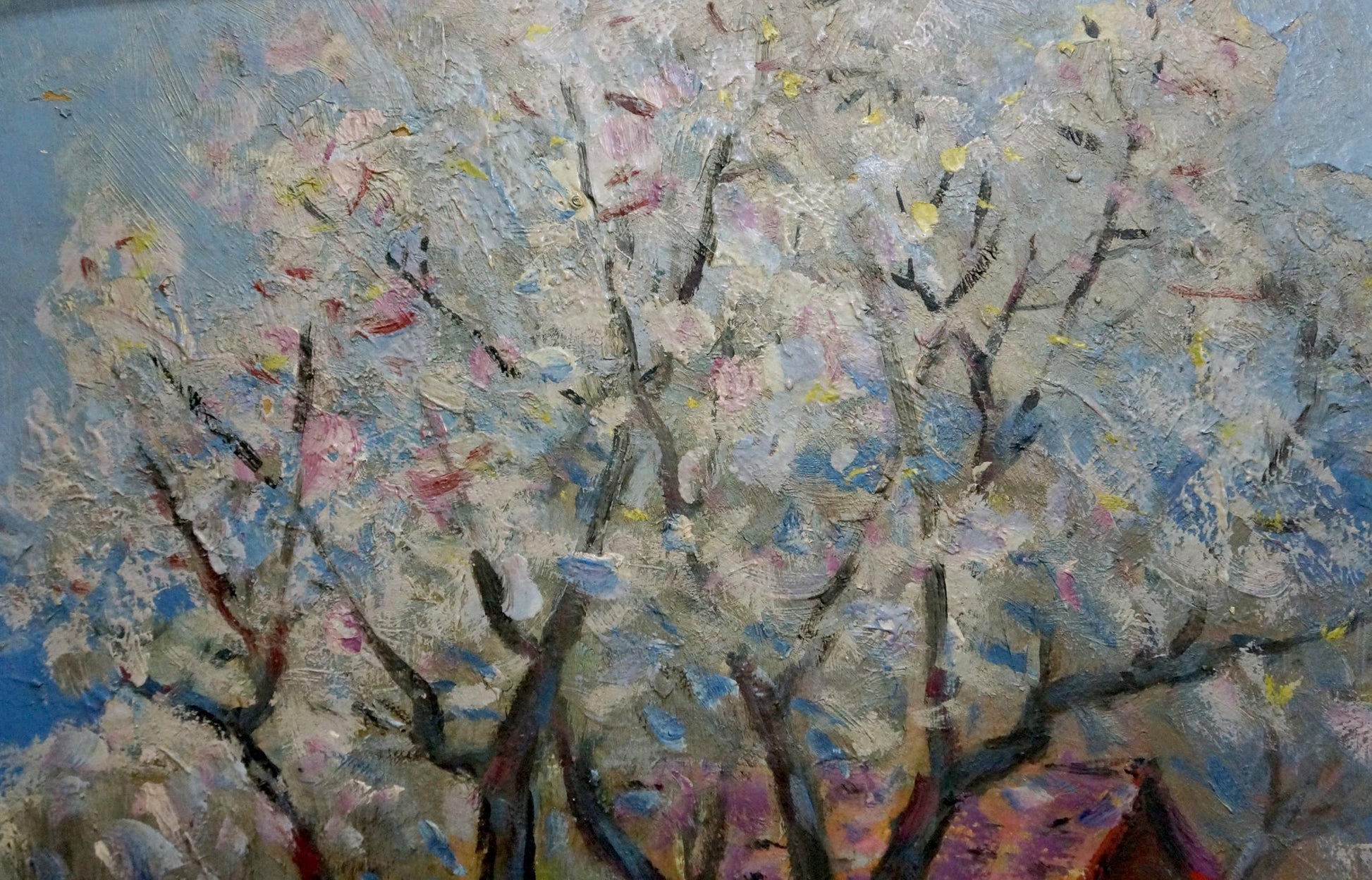 Oil painting Evening by Bakaev Sergey Ivanovich: blossoming tree in pink and white flowers