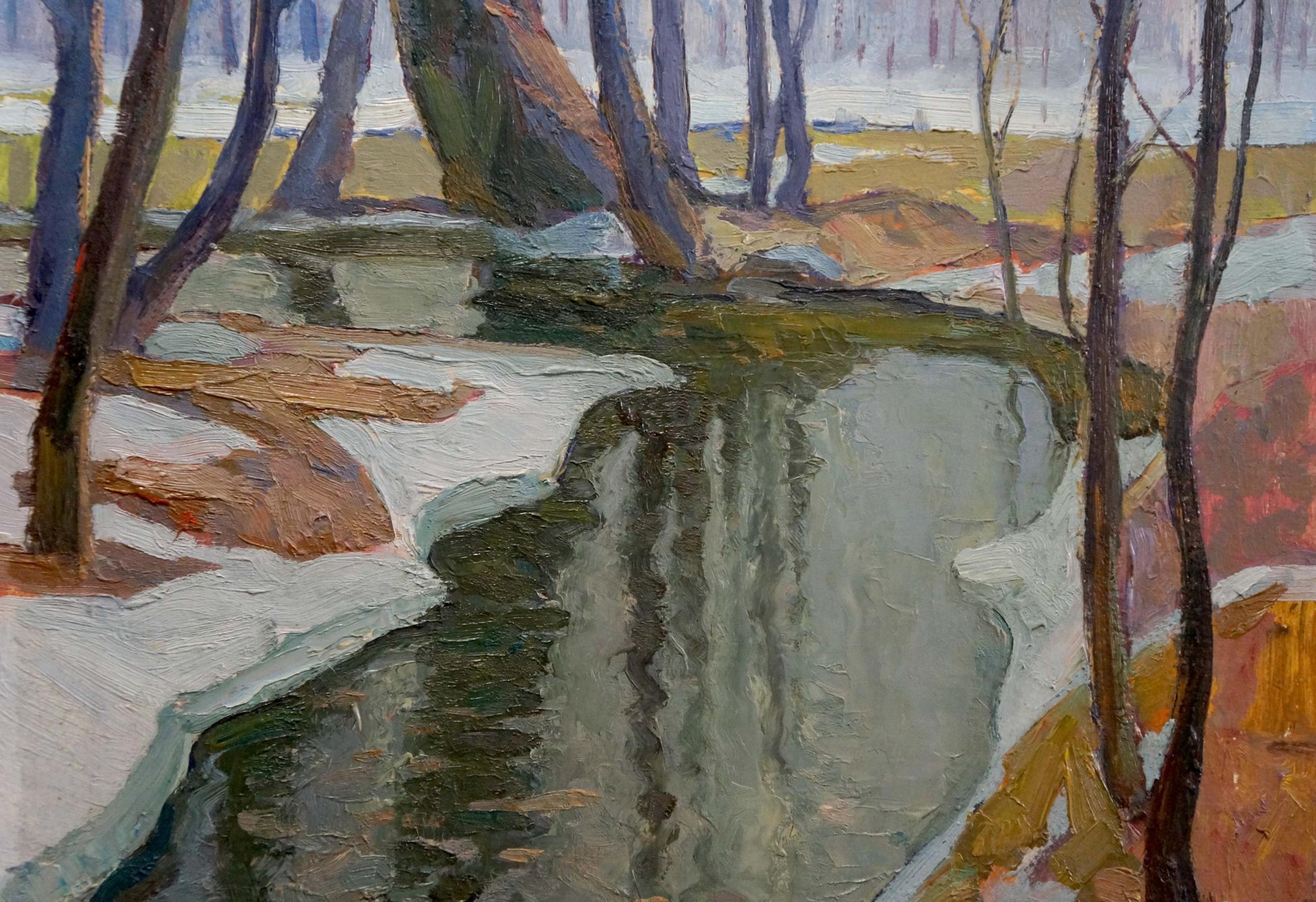 Oil painting by Zhabinsky Leonid Andreevich: serene winter stream in snow