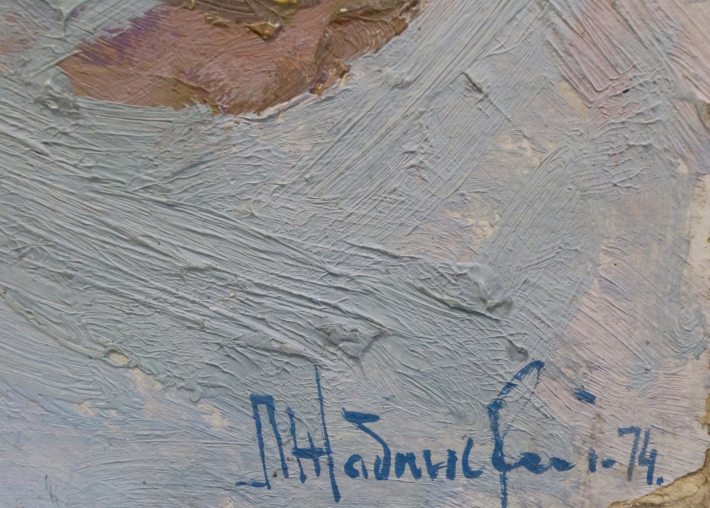 Signed oil painting by Zhabinsky Leonid Andreevich, textured gray earth tones
