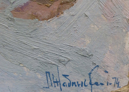 Signed oil painting by Zhabinsky Leonid Andreevich, textured gray earth tones