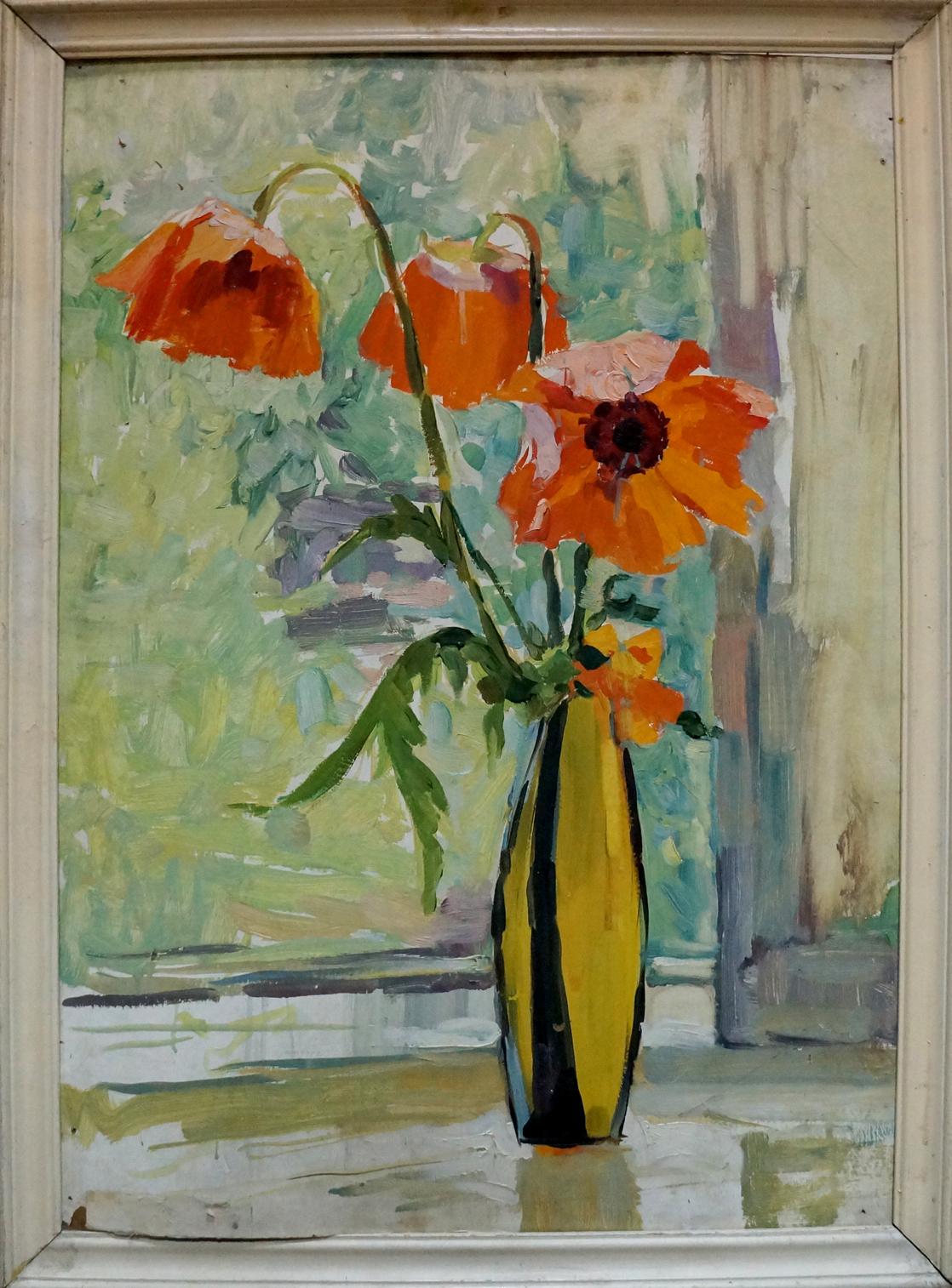 Oil painting of orange poppies in yellow black vase by Tolokonnikova Margarita Nikolaevna