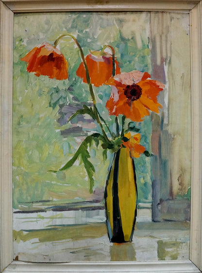 Oil painting of orange poppies in yellow black vase by Tolokonnikova Margarita Nikolaevna