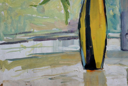Tall yellow black striped glossy vase in Tolokonnikova poppies oil painting