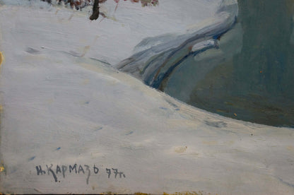 Textured impressionistic oil painting of snowy winter morning landscape by Karmaz Nikolay Afanasevich
