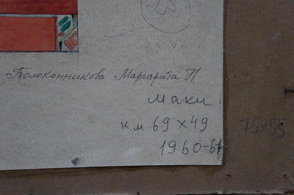Back of Oil painting Poppies by Tolokonnikova Margarita Nikolaevna with handwritten cursive label and typed measurements on white paper