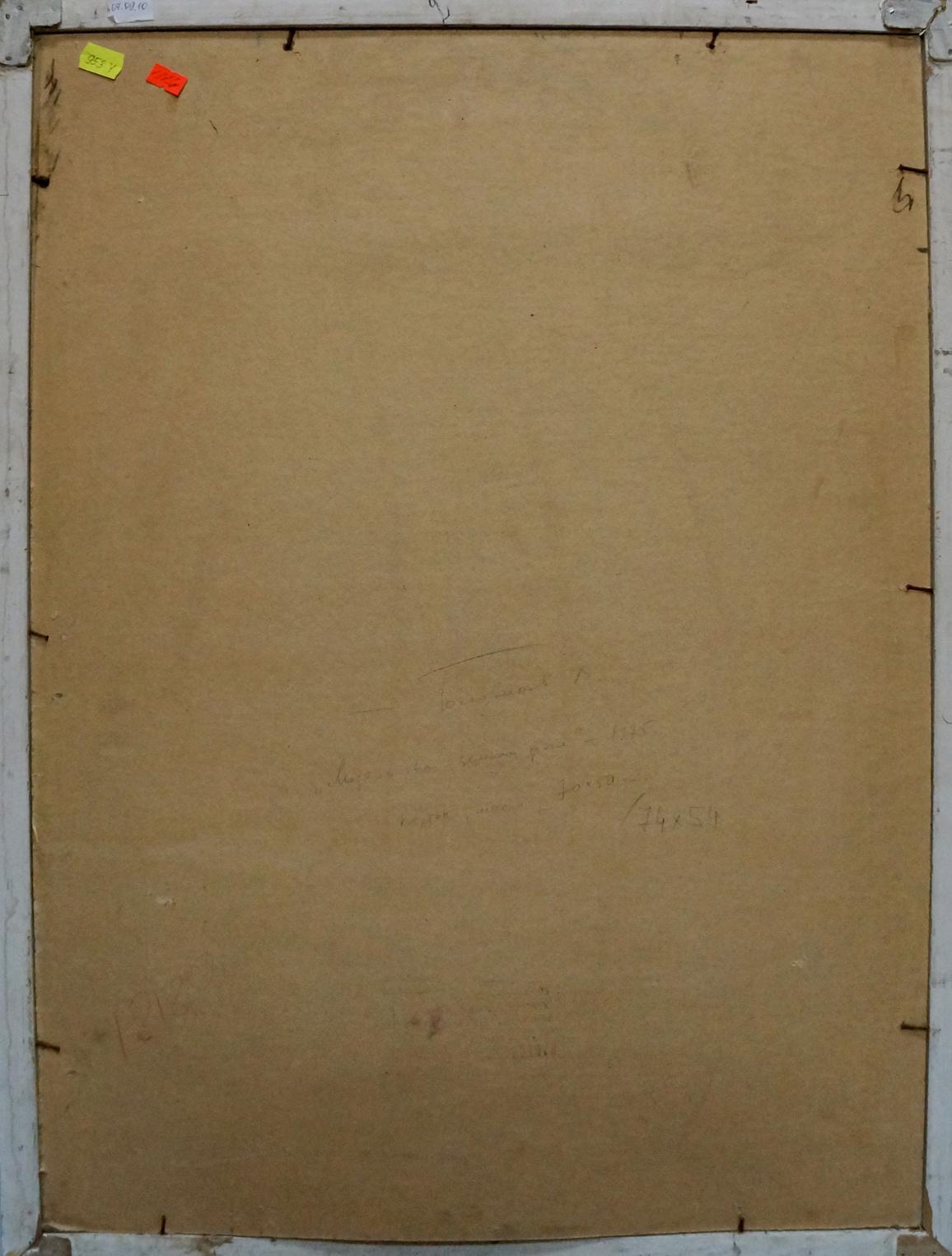 Back of Golovanov Vladimir Fedorovic female figure oil painting with colored sticky notes on brown cardboard