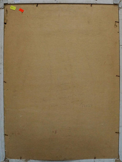Back of Golovanov Vladimir Fedorovic female figure oil painting with colored sticky notes on brown cardboard