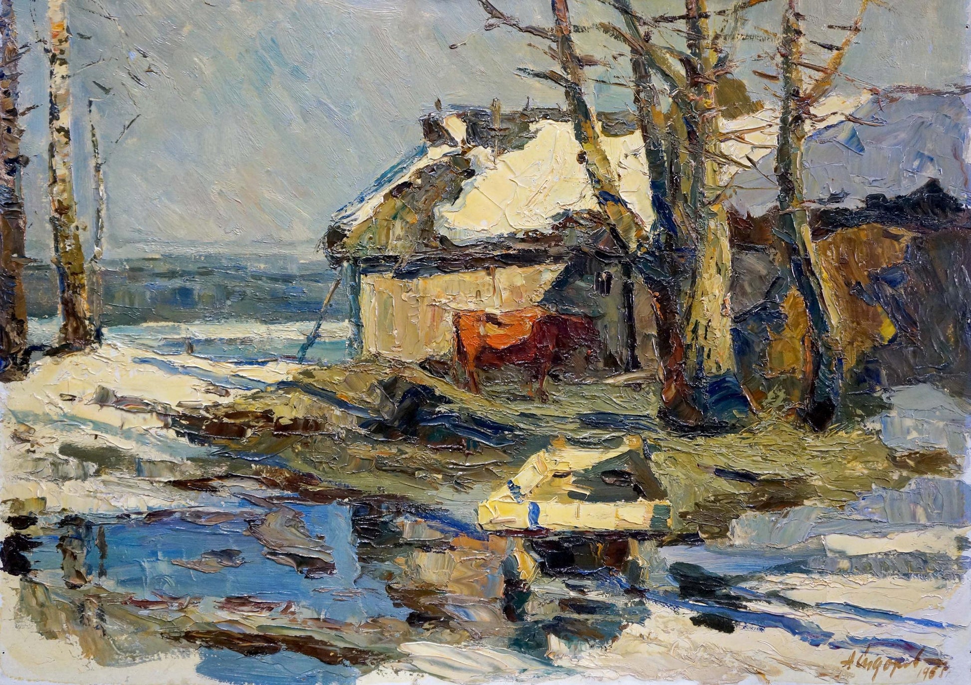 Oil painting of rustic snowy house by Sidorov Alexey Evdokimovich