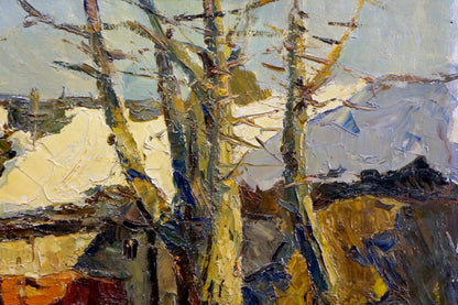 Impasto oil painting by Sidorov Alexey Evdokimovich: bare trees, pale sky