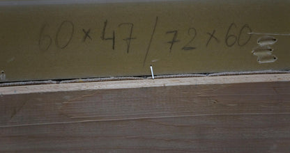 Back of oil painting portrait of female figure by Lebedeva Valentina Nikolaevna, olive green metal panel with handwritten measurements and three rectangular cutouts