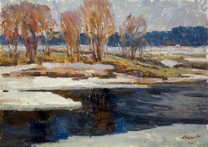 Autumnal trees by frozen river in Snow melts oil painting by Sidorov Alexey Evdokimovich