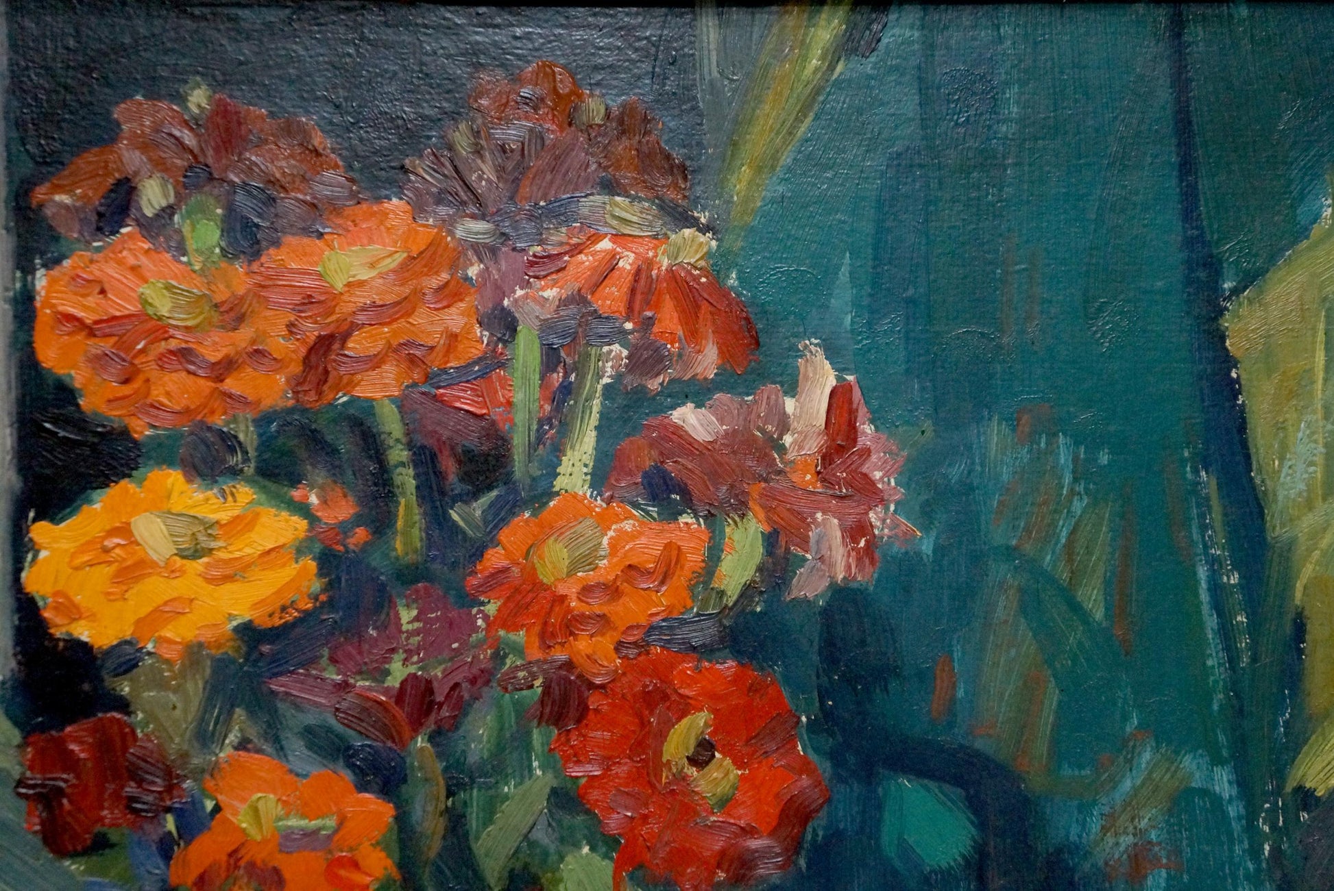 Oil painting Still life by Bortnikov Nikolay Fedorovich: vibrant orange yellow flowers on teal