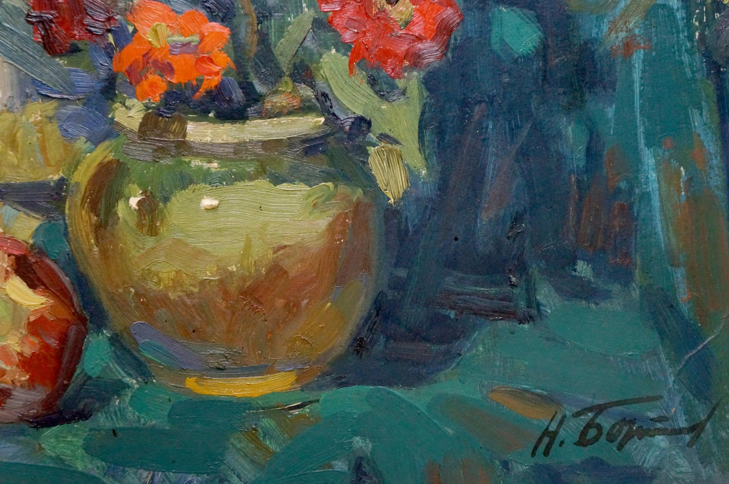 Oil painting Still life by Bortnikov Nikolay Fedorovich with glazed vase and orange flowers