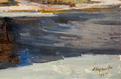 Oil painting Snow melts by Sidorov Alexey Evdokimovich serene water scene