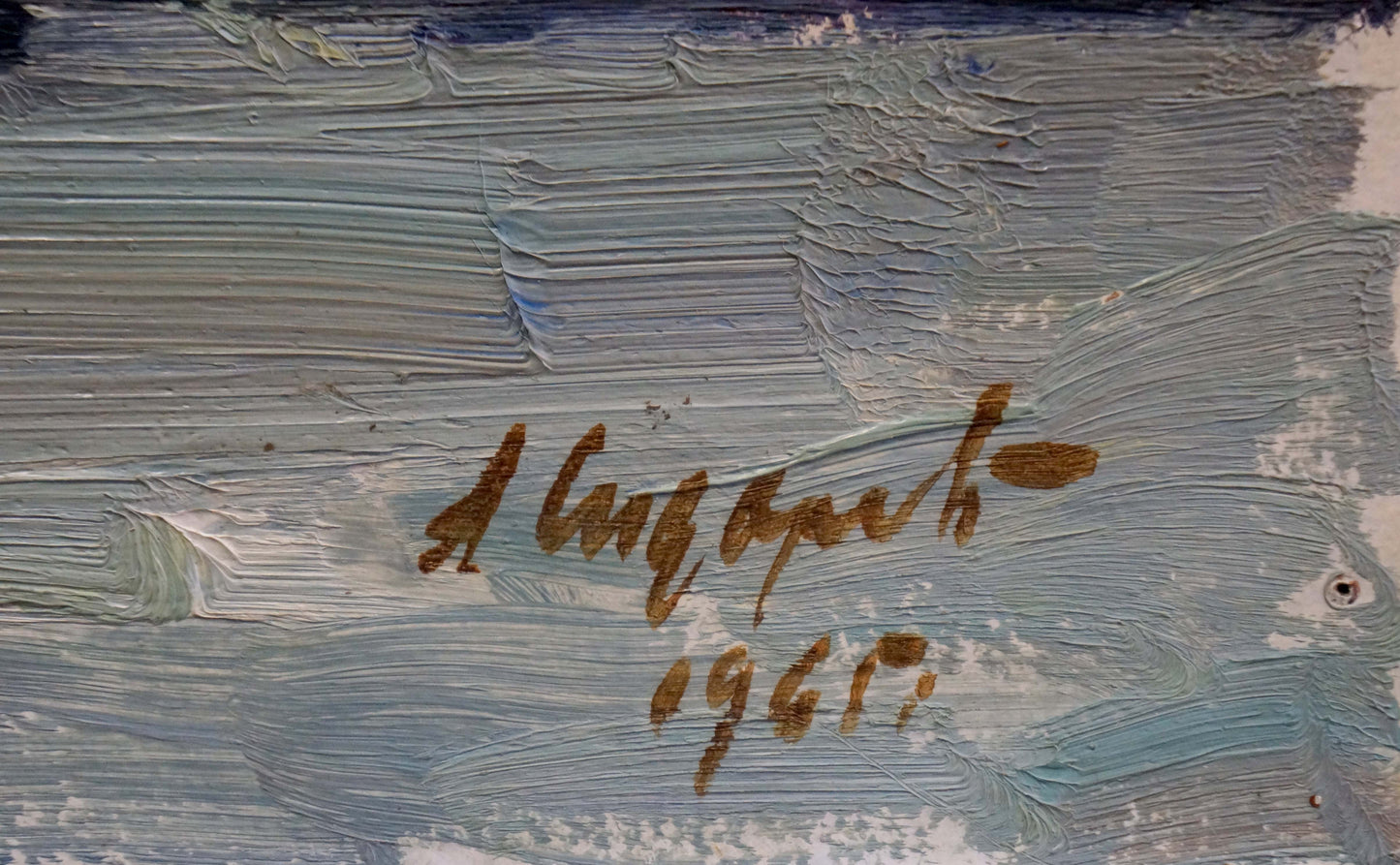 Back of oil painting Snow melts by Sidorov Alexey Evdokimovich with gold signature and date a