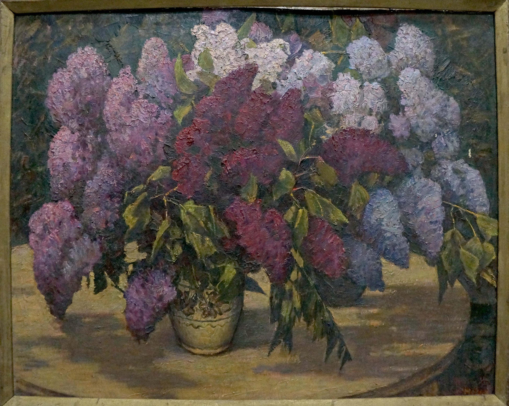Oil painting of vibrant lilac bouquet in purple white vase by Mozok Valery Leontyevich