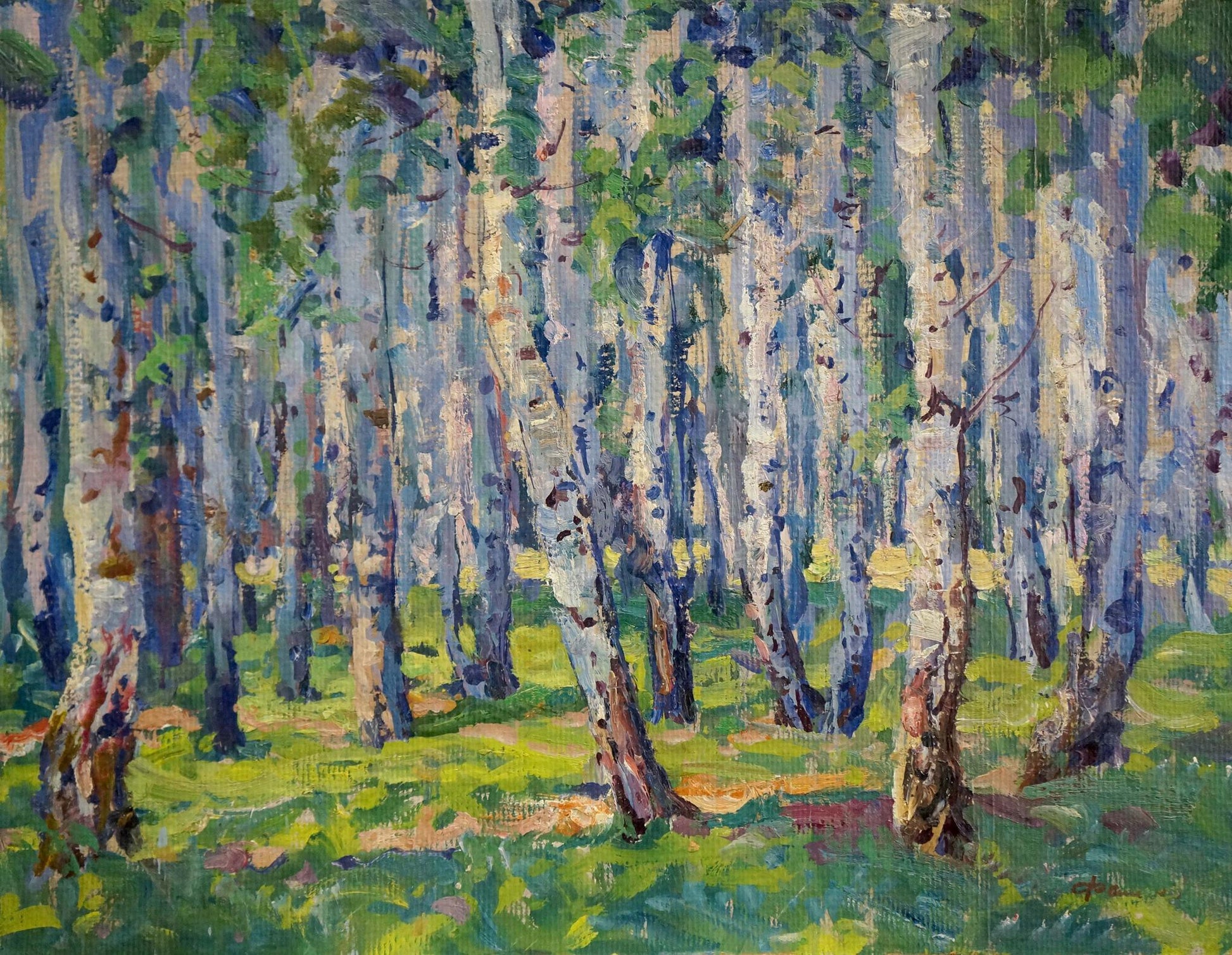 Vibrant impressionist oil painting of blue birch forest by Fomin Anatoly Nikiforovich