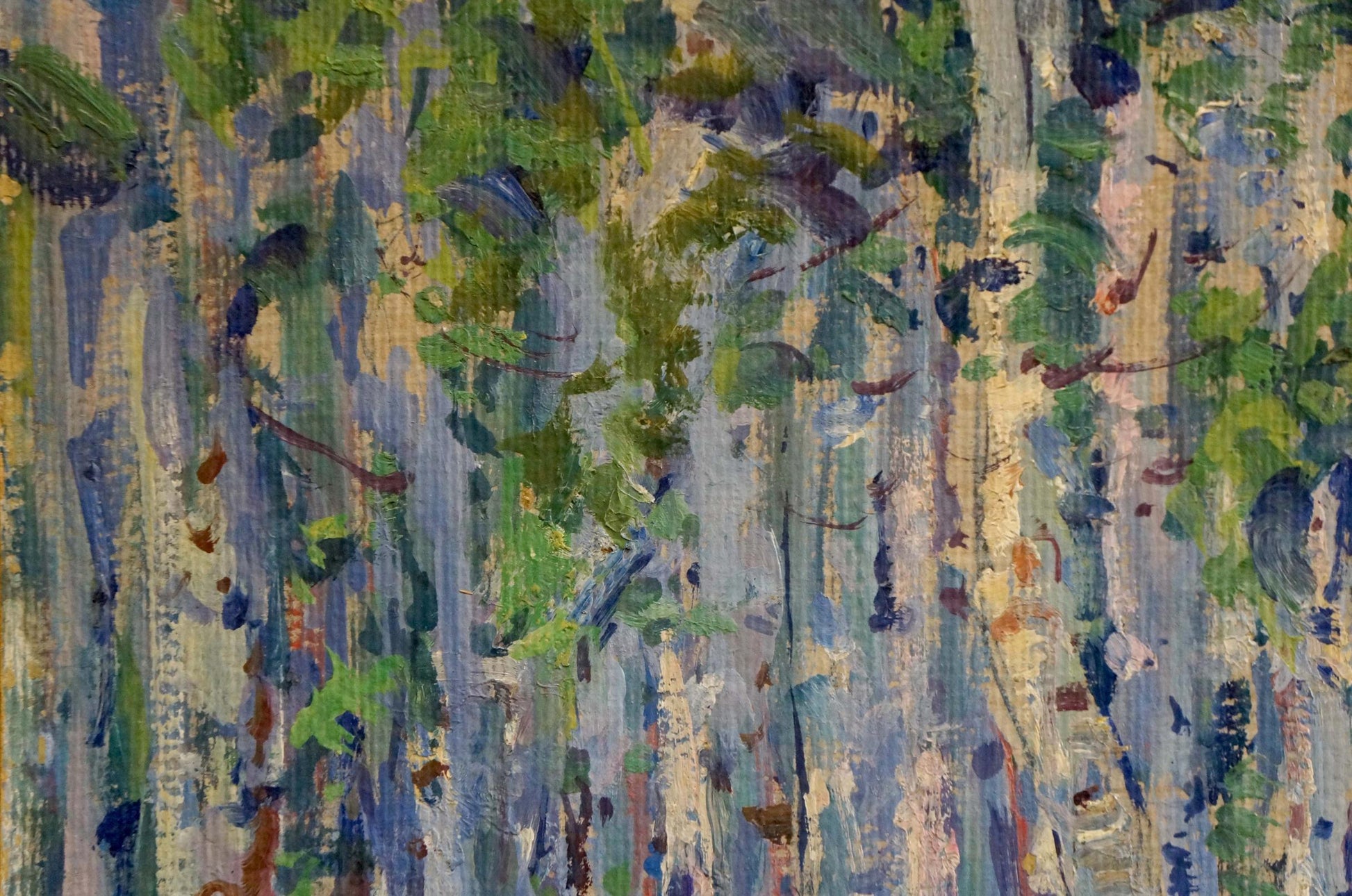 Vibrant oil painting Blue birch by Fomin Anatoly Nikiforovich with bold green blue purple strokes