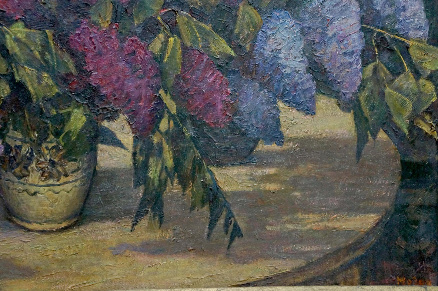 Oil painting of vibrant lilac bouquet by Mozok Valery Leontyevich in textured vase