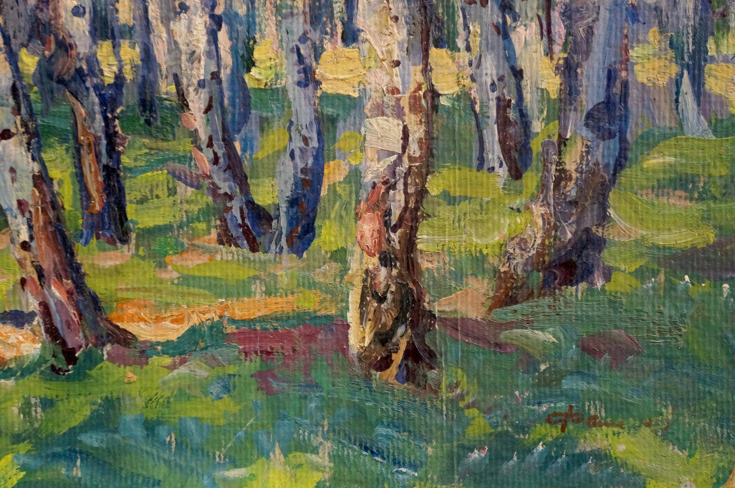 Oil painting Blue birch by Fomin Anatoly Nikiforovich, textured forest scene