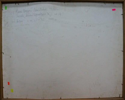 Back of white framed Oil painting Lilac bouquet by Mozok Valery Leontyevich with handwritten Cyrillic text and colored corner stickers