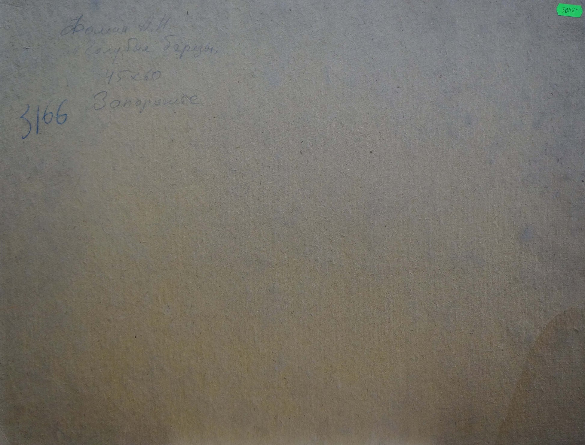 Back of oil painting Blue birch by Fomin Anatoly Nikiforovich with blue ink notes on beige surface