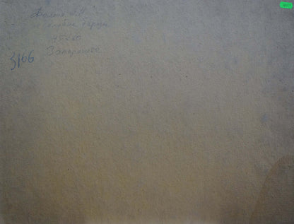 Back of oil painting Blue birch by Fomin Anatoly Nikiforovich with blue ink notes on beige surface