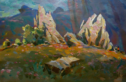 Vibrant impressionistic oil painting of jagged rocks and wildflowers by Bakaev Sergey Ivanovich