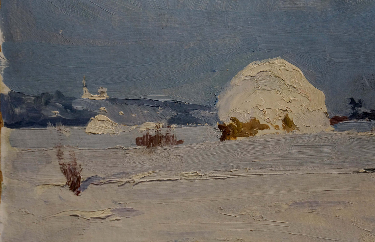 Oil painting of textured off-white snow mound in winter landscape by Petrov Georgy Petrovich
