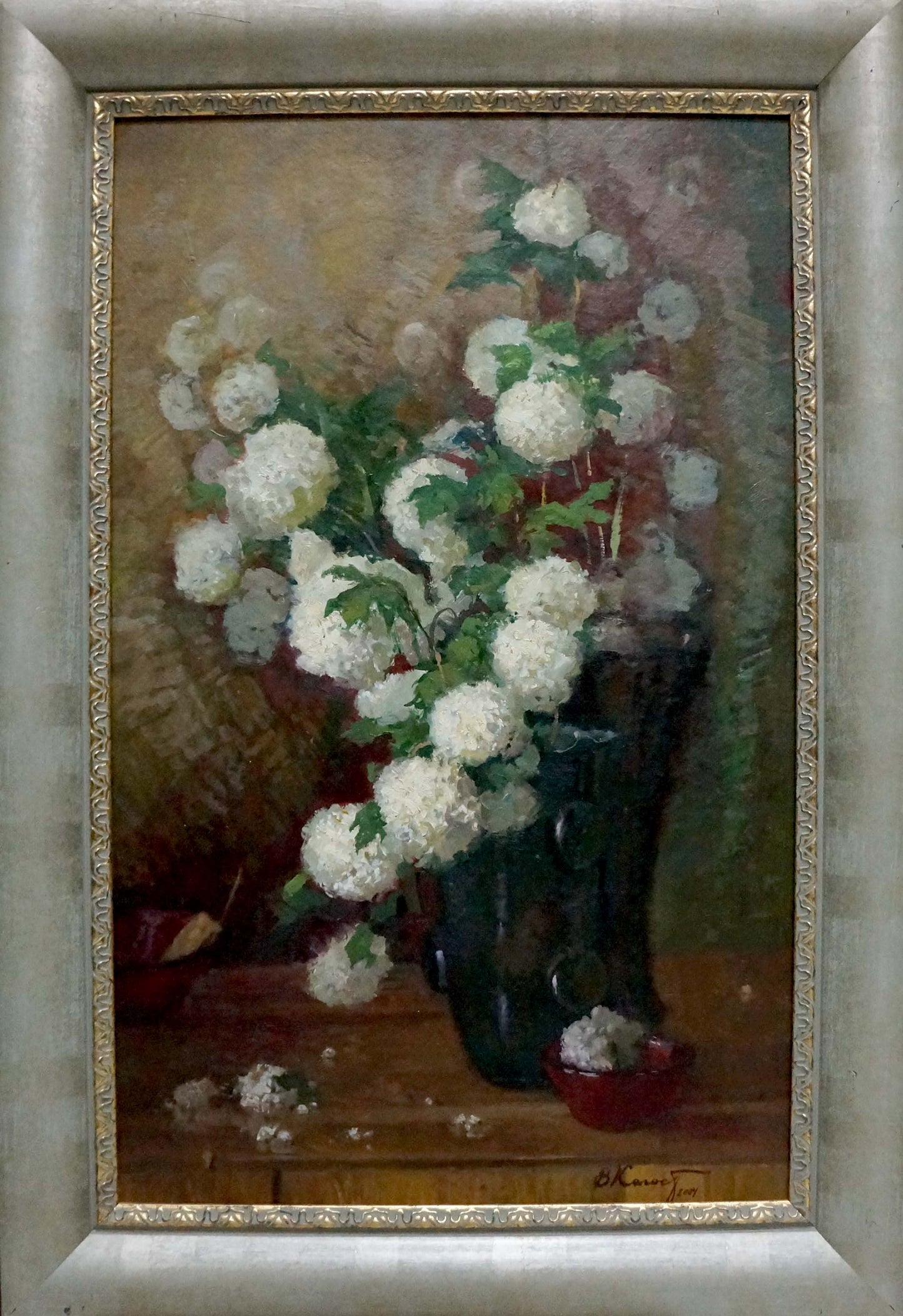 Oil painting Bouquet by Kolosov Valentin Osipovich, white flowers in dark vase