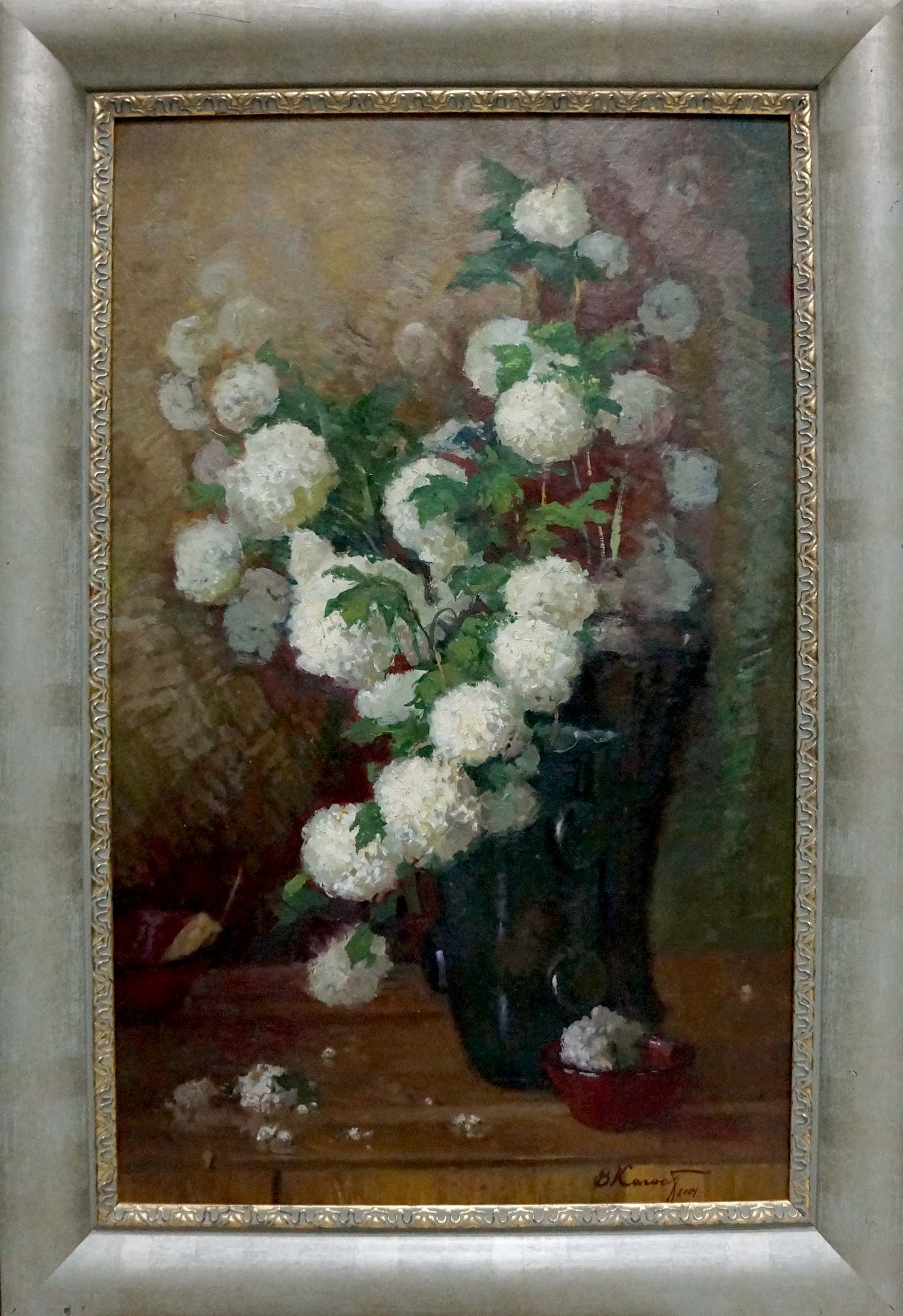 Oil painting Bouquet by Kolosov Valentin Osipovich, white flowers in dark vase
