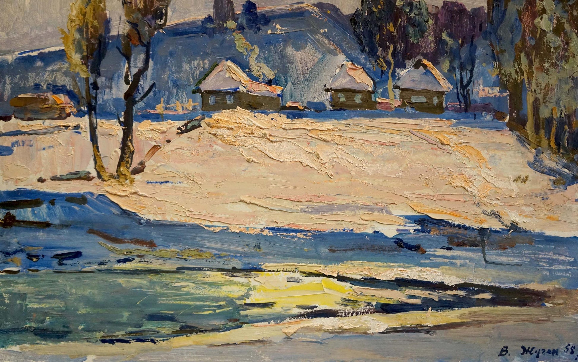 Winter in Sednev oil painting by Zhugan Vladimir Alexandrovich snowy landscape