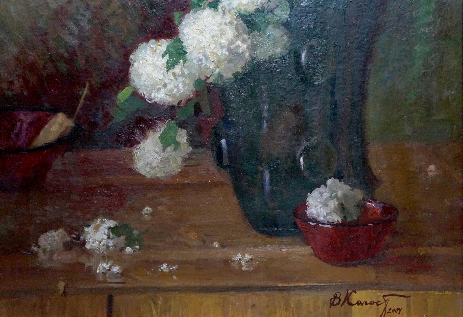 Oil painting by Kolosov Valentin Osipovich: dark blue vase with white hydrangeas