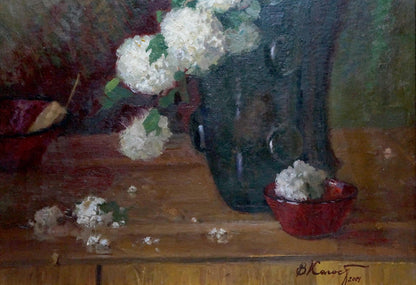Oil painting by Kolosov Valentin Osipovich: dark blue vase with white hydrangeas