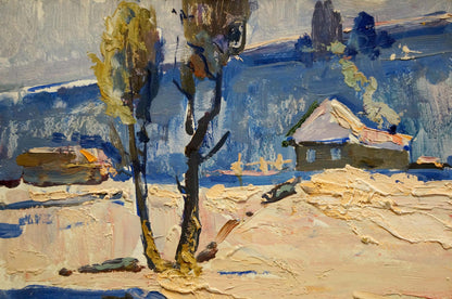Oil painting Winter in Sednev by Zhugan Vladimir Alexandrovich: rustic wooden house