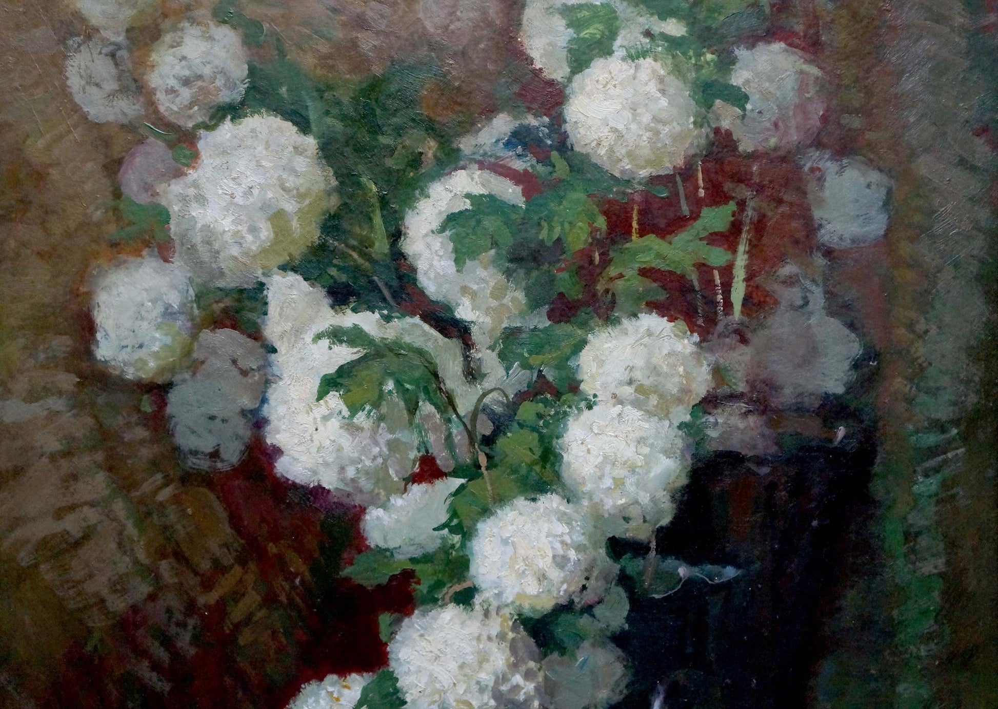 Vibrant oil painting of lush white hydrangeas by Kolosov Valentin Osipovich