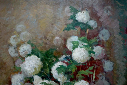 Oil painting Bouquet by Kolosov Valentin Osipovich: fluffy white hydrangeas