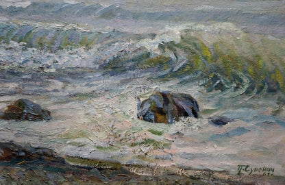 Oil painting Raging sea by Suponin Petr Mikhailovich, turbulent waves on rocks