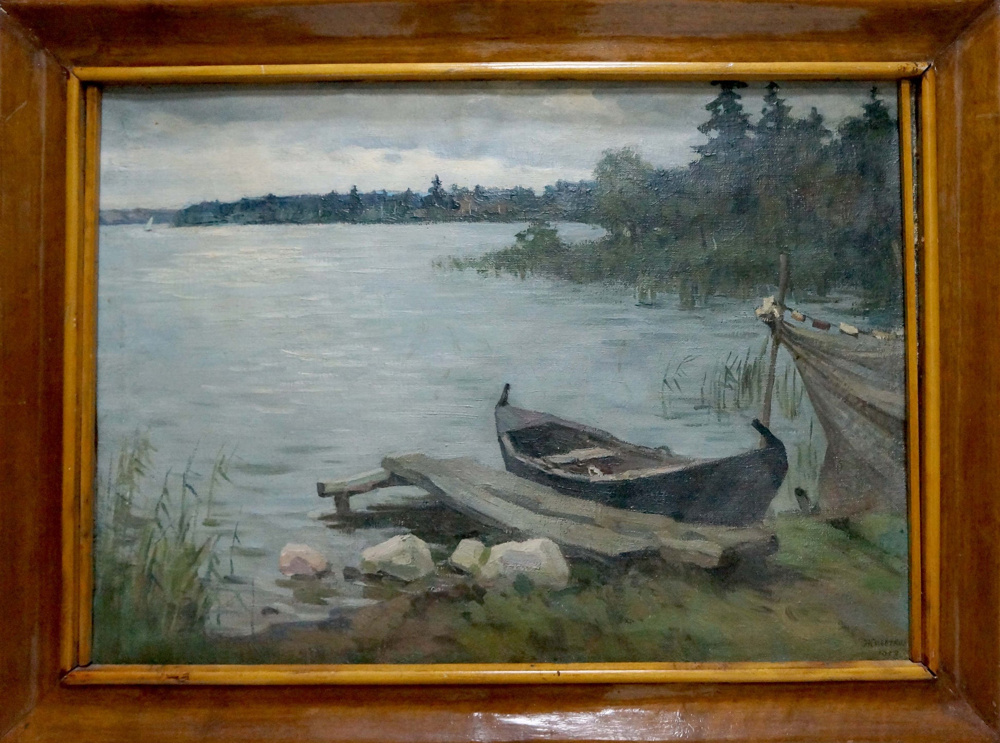 Oil painting of rowboat on dock by calm shore by Alexander Zhivotkov