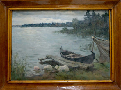 Oil painting of rowboat on dock by calm shore by Alexander Zhivotkov