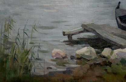 Oil painting of weathered dock in calm gray water by Alexander Zhivotkov