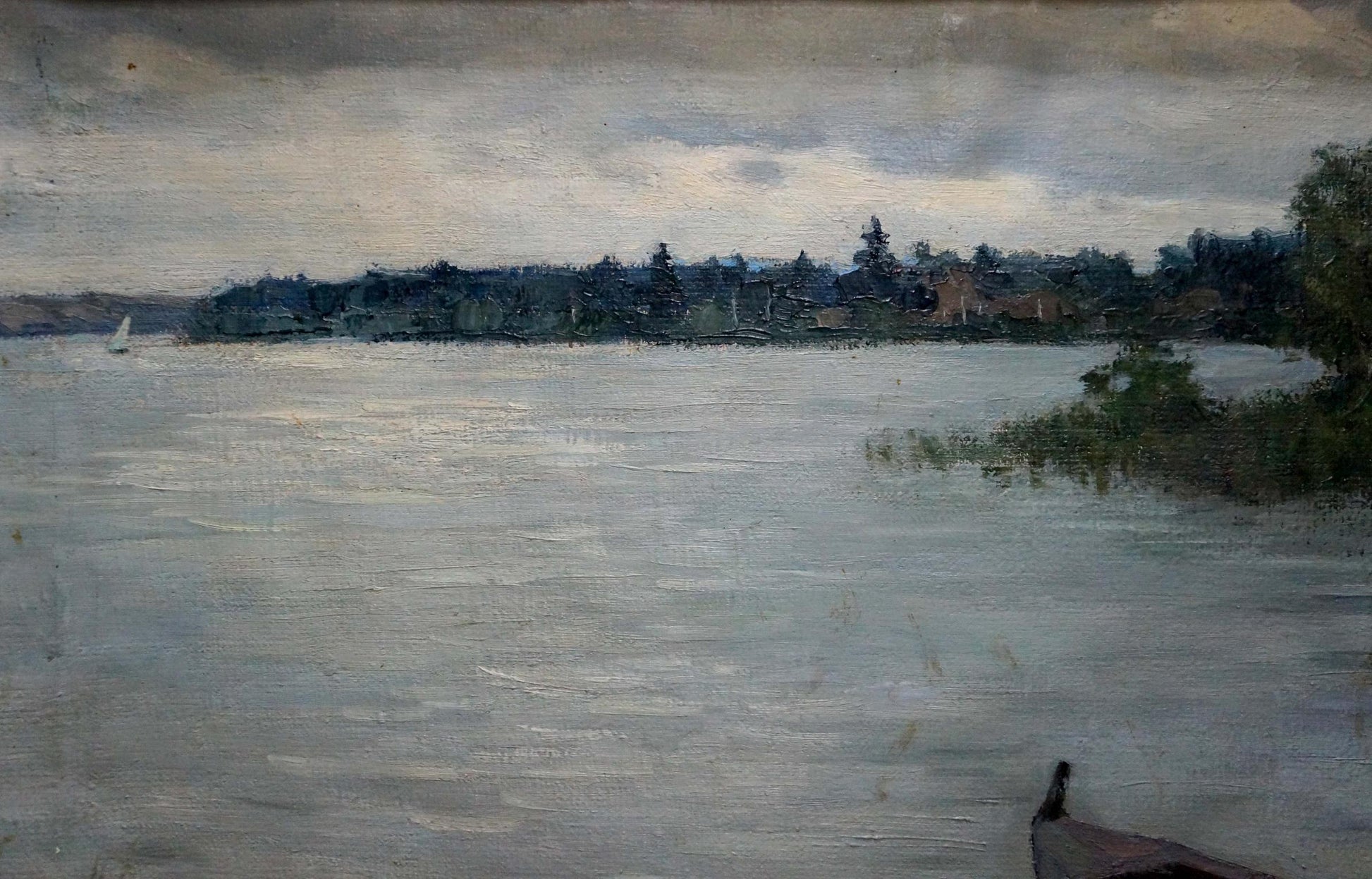 Oil painting Shore landscape by Alexander Zhivotkov: tranquil lake with sailboat