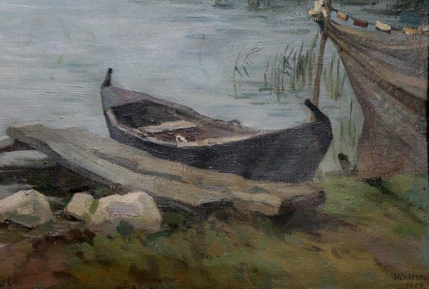 Oil painting of dark wooden rowboat on shore by Alexander Zhivotkov